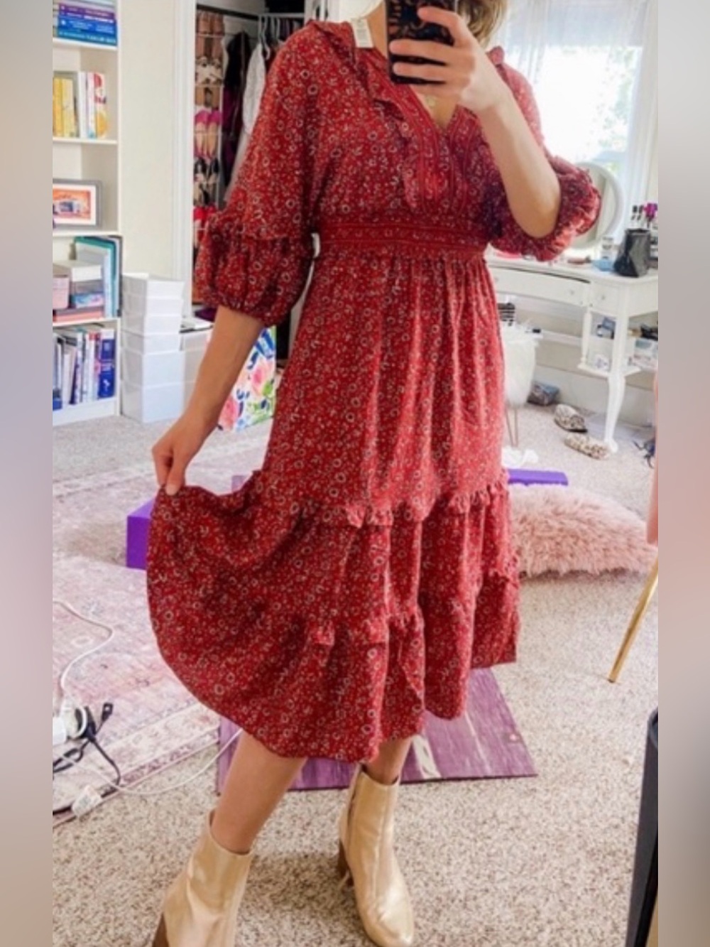 Max Studio Rust Floral V-Neck Smocked Waist 3/4 Sleeve Midi Dress